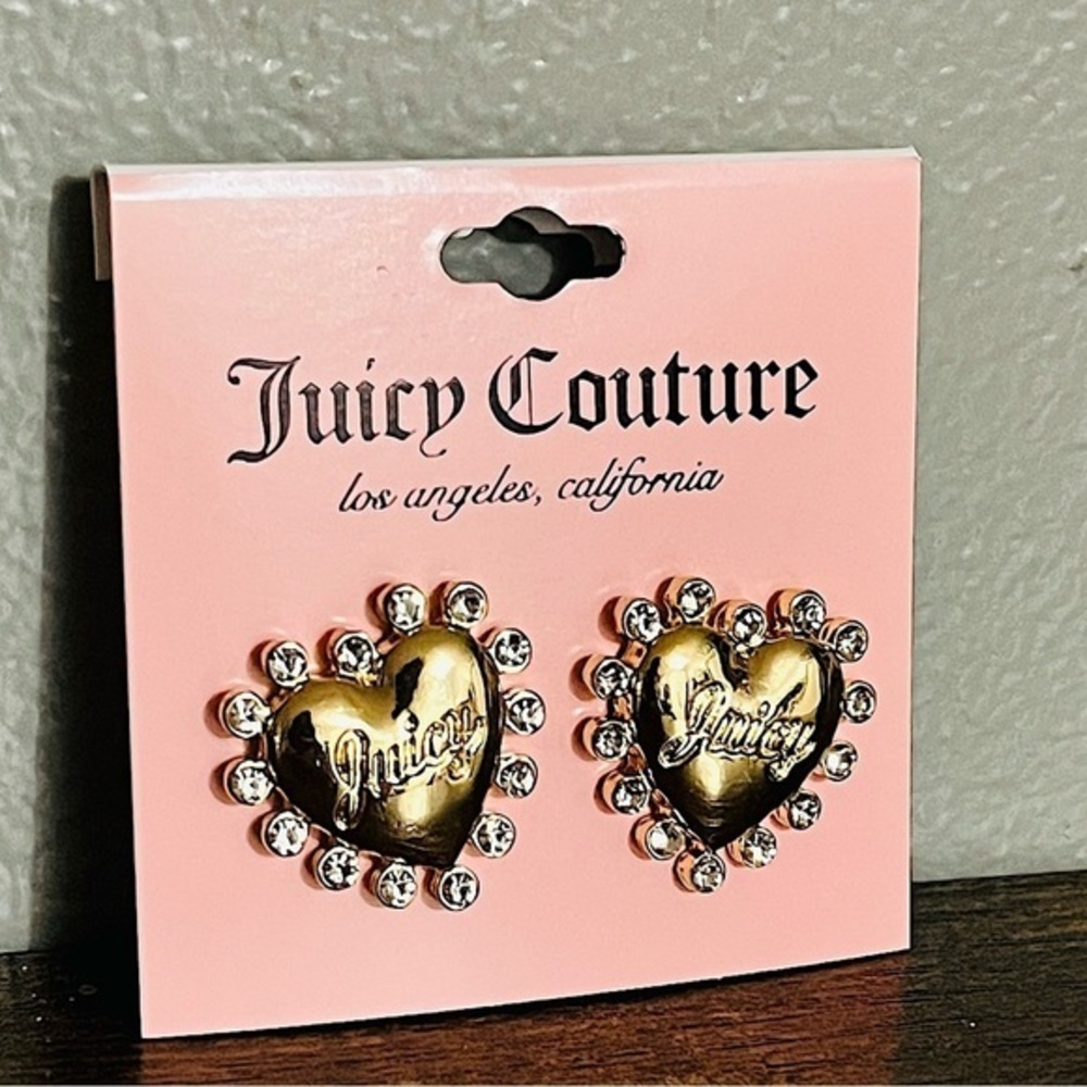 Juicy Couture Gold Heart Stud Earrings NWT | Crystal Beaded Juicy Logo